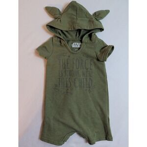 Star Wars Grogu Baby Yoda Hood Romper Olive Green 6M The Force Is Strong 3D Ears